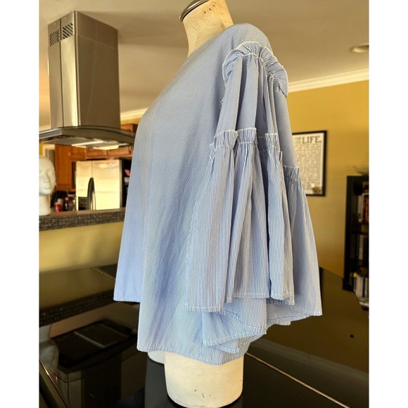 dRA Los Angeles Blue & White Striped Statement Ruffle Bell Sleeve Blouse Anthro - Picture 9 of 12